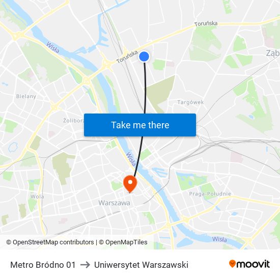 Metro Bródno 01 to Uniwersytet Warszawski map