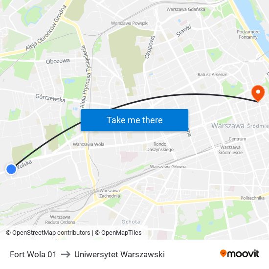 Fort Wola 01 to Uniwersytet Warszawski map