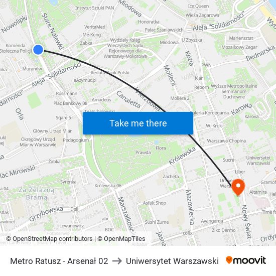 Metro Ratusz - Arsenał 02 to Uniwersytet Warszawski map
