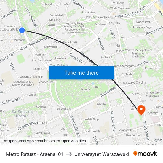 Metro Ratusz - Arsenał 01 to Uniwersytet Warszawski map