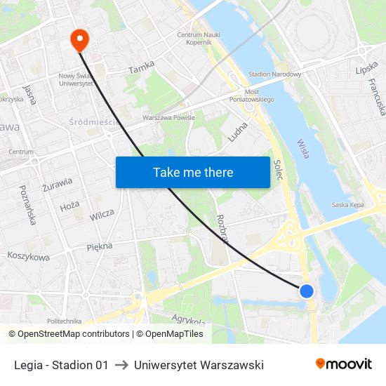 Legia - Stadion 01 to Uniwersytet Warszawski map