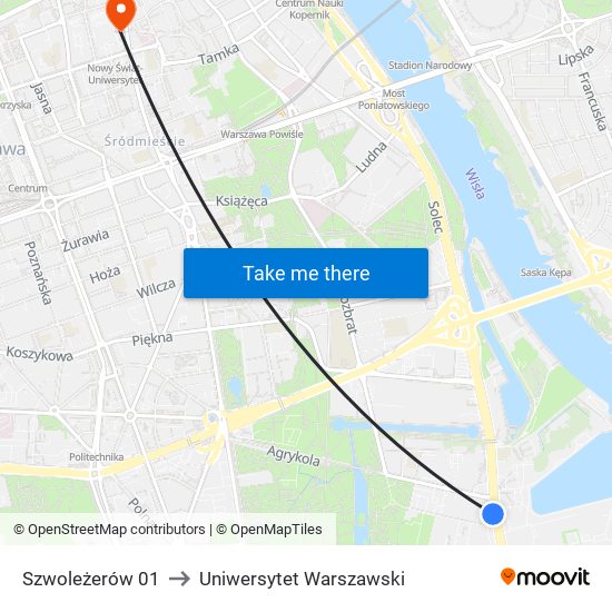 Szwoleżerów 01 to Uniwersytet Warszawski map