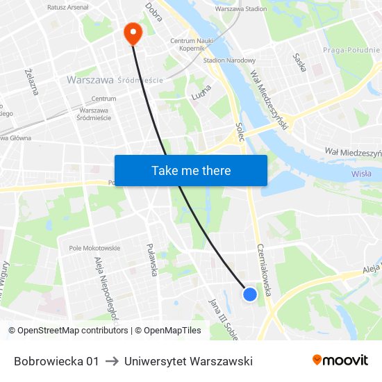 Bobrowiecka 01 to Uniwersytet Warszawski map