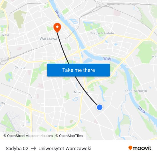 Sadyba 02 to Uniwersytet Warszawski map
