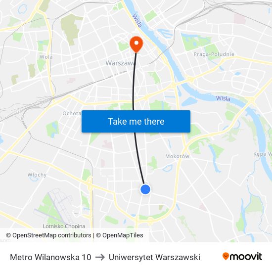 Metro Wilanowska 10 to Uniwersytet Warszawski map