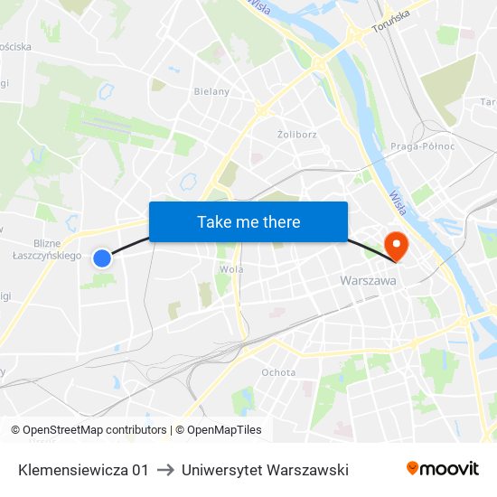 Klemensiewicza 01 to Uniwersytet Warszawski map