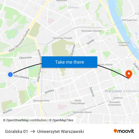 Góralska 01 to Uniwersytet Warszawski map