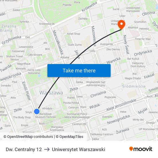 Dw. Centralny 12 to Uniwersytet Warszawski map