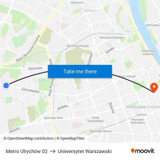 Metro Ulrychów 02 to Uniwersytet Warszawski map