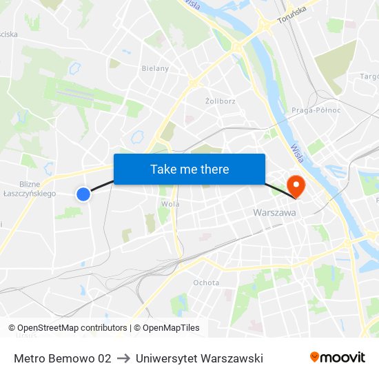 Metro Bemowo 02 to Uniwersytet Warszawski map