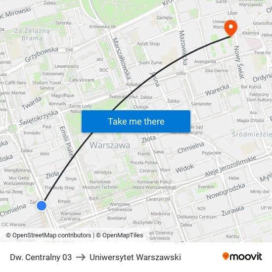 Dw. Centralny to Uniwersytet Warszawski map