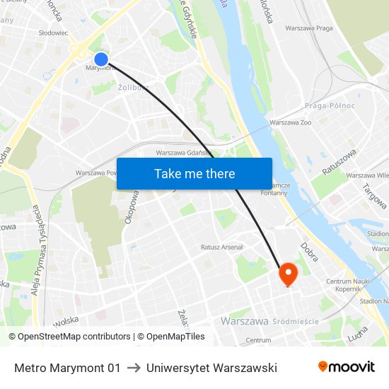 Metro Marymont 01 to Uniwersytet Warszawski map