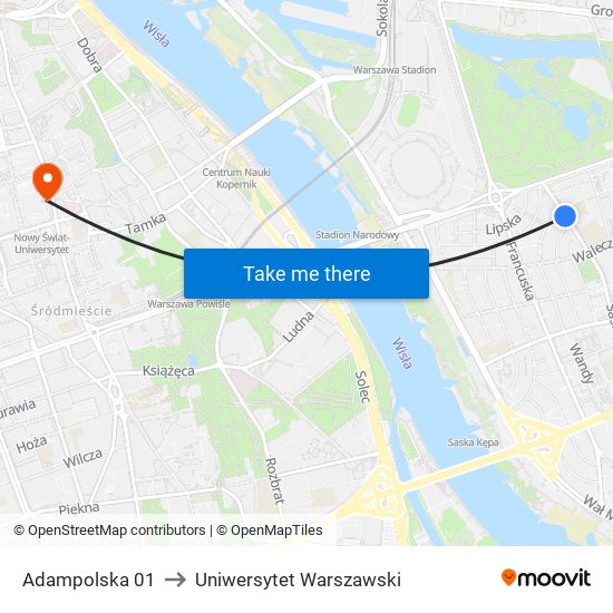 Adampolska 01 to Uniwersytet Warszawski map