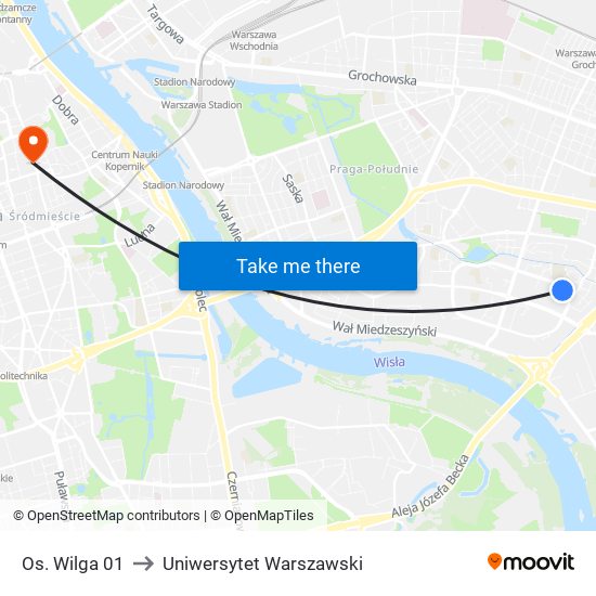 Os. Wilga 01 to Uniwersytet Warszawski map