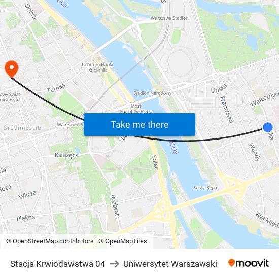 Stacja Krwiodawstwa 04 to Uniwersytet Warszawski map