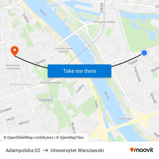 Adampolska 02 to Uniwersytet Warszawski map