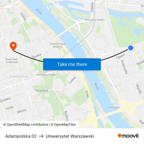 Adampolska to Uniwersytet Warszawski map