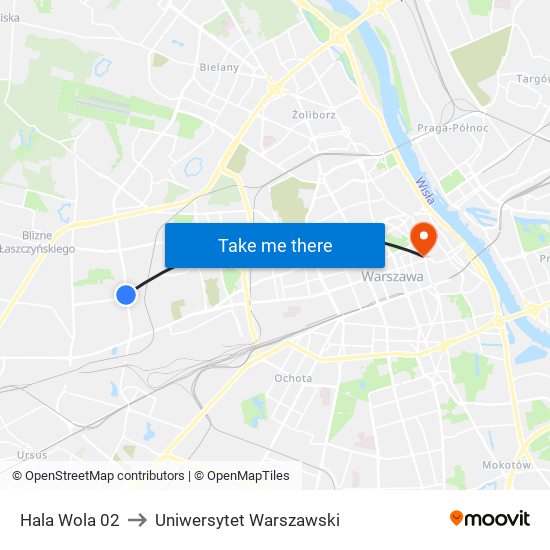 Hala Wola 02 to Uniwersytet Warszawski map