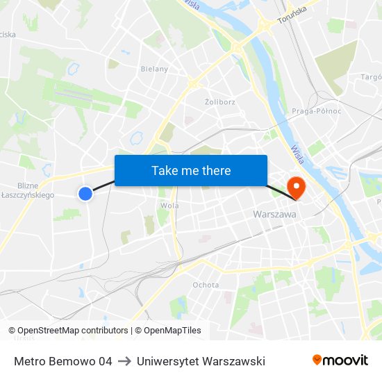 Metro Bemowo to Uniwersytet Warszawski map