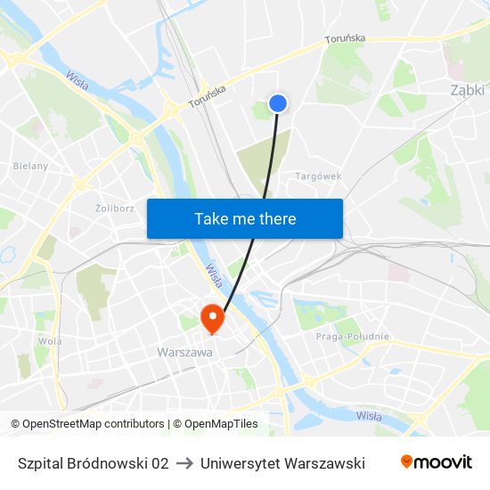 Szpital Bródnowski 02 to Uniwersytet Warszawski map