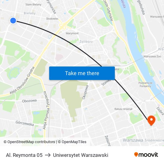 Al. Reymonta 05 to Uniwersytet Warszawski map