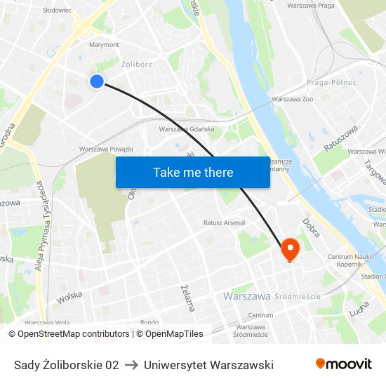 Sady Żoliborskie 02 to Uniwersytet Warszawski map