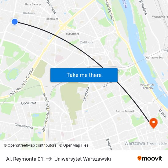 Al. Reymonta 01 to Uniwersytet Warszawski map