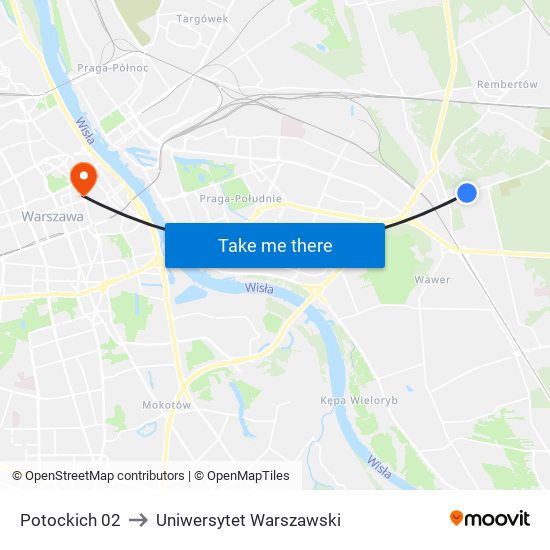 Potockich 02 to Uniwersytet Warszawski map