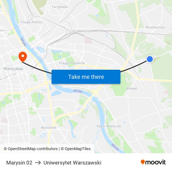 Marysin 02 to Uniwersytet Warszawski map