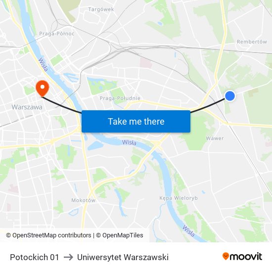 Potockich 01 to Uniwersytet Warszawski map