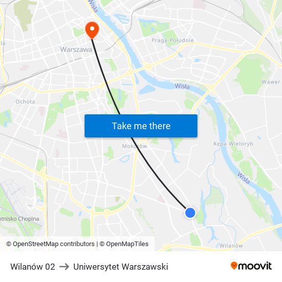 Wilanów 02 to Uniwersytet Warszawski map
