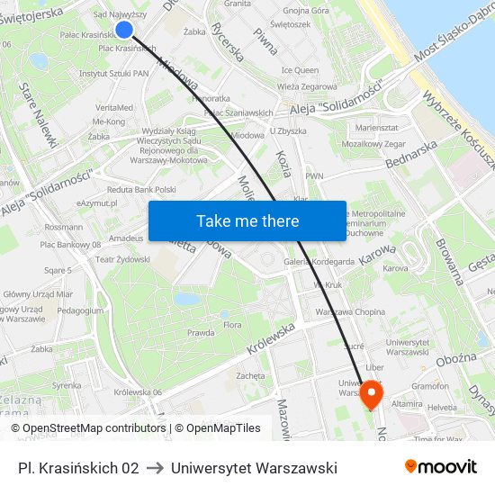 Pl. Krasińskich 02 to Uniwersytet Warszawski map
