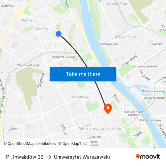 Pl. Inwalidów 02 to Uniwersytet Warszawski map