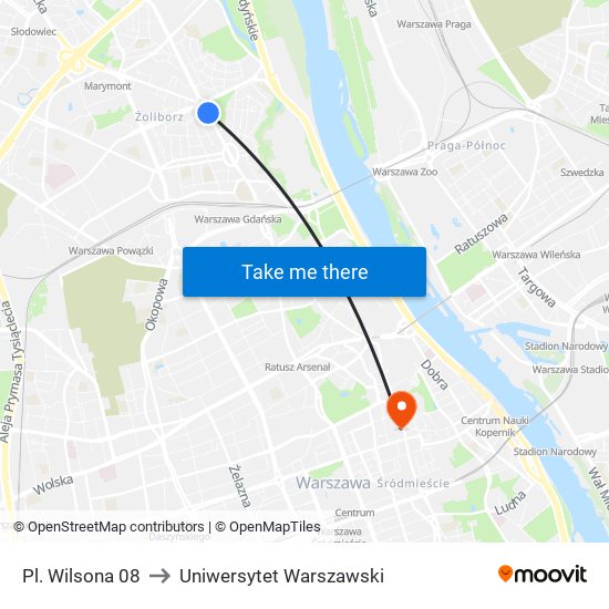 Pl. Wilsona 08 to Uniwersytet Warszawski map