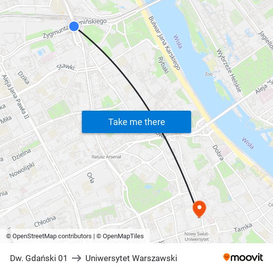 Dw. Gdański 01 to Uniwersytet Warszawski map