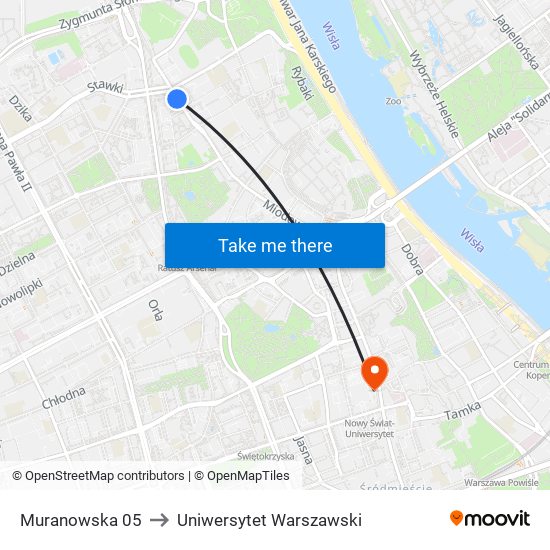 Muranowska 05 to Uniwersytet Warszawski map