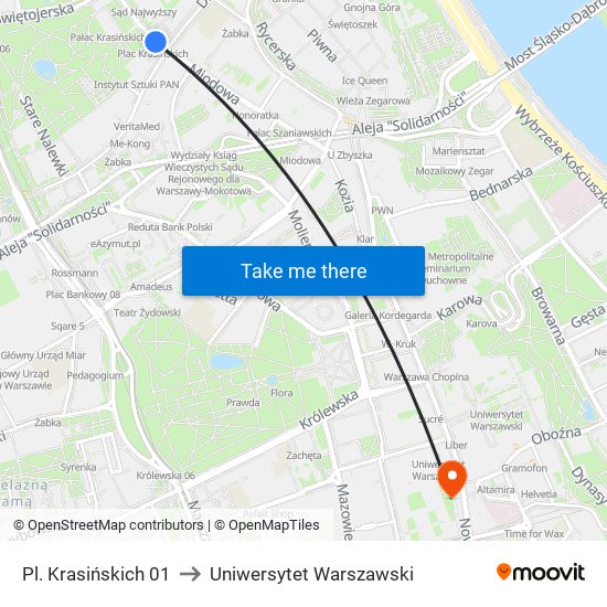 Pl. Krasińskich 01 to Uniwersytet Warszawski map