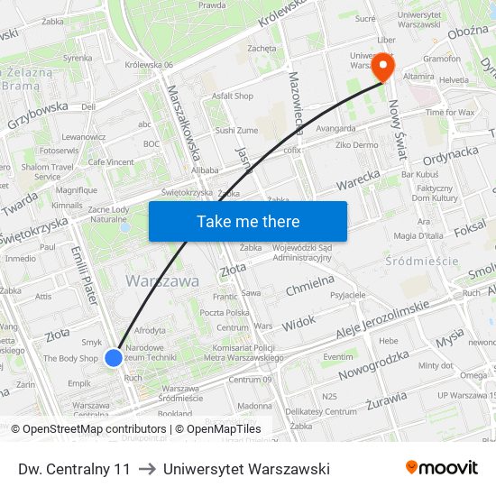 Dw. Centralny to Uniwersytet Warszawski map