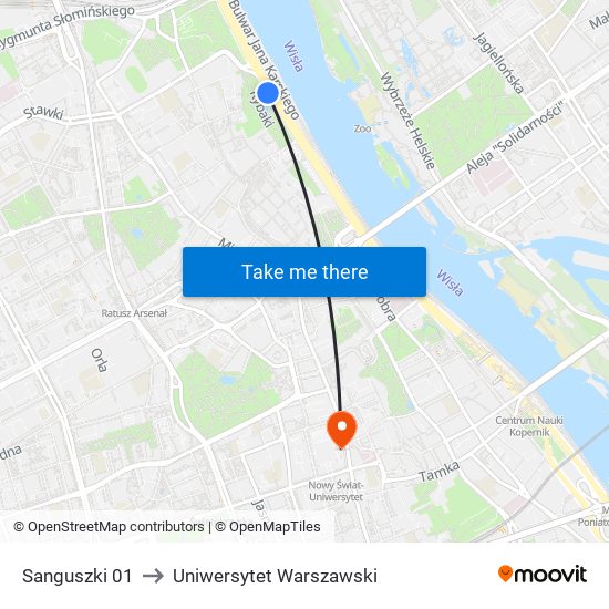 Sanguszki 01 to Uniwersytet Warszawski map