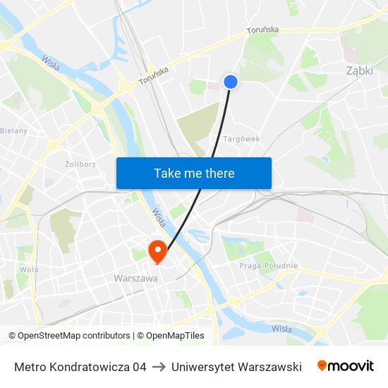 Metro Kondratowicza 04 to Uniwersytet Warszawski map