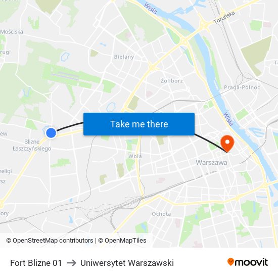 Fort Blizne 01 to Uniwersytet Warszawski map