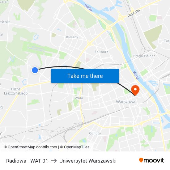 Radiowa - WAT 01 to Uniwersytet Warszawski map