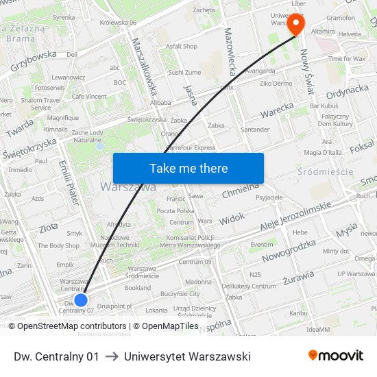 Dw. Centralny 01 to Uniwersytet Warszawski map