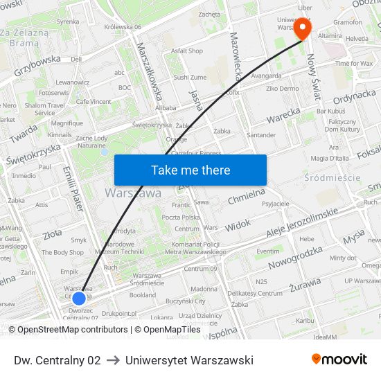 Dw. Centralny 02 to Uniwersytet Warszawski map
