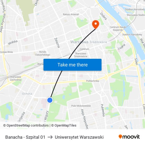 Banacha - Szpital 01 to Uniwersytet Warszawski map