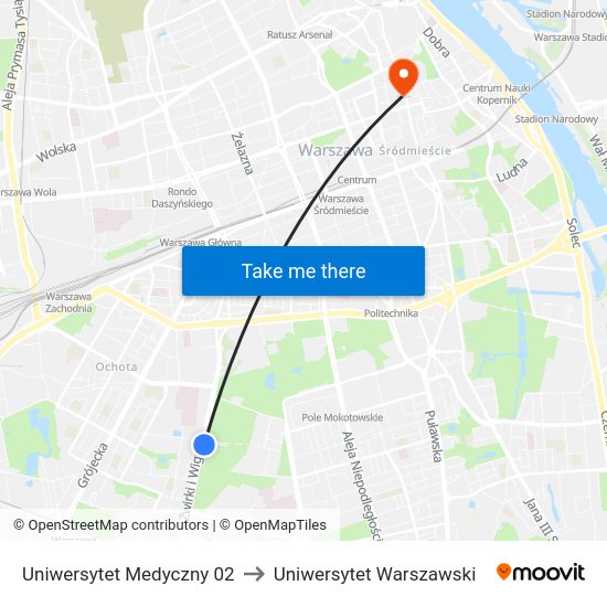 Uniwersytet Medyczny to Uniwersytet Warszawski map