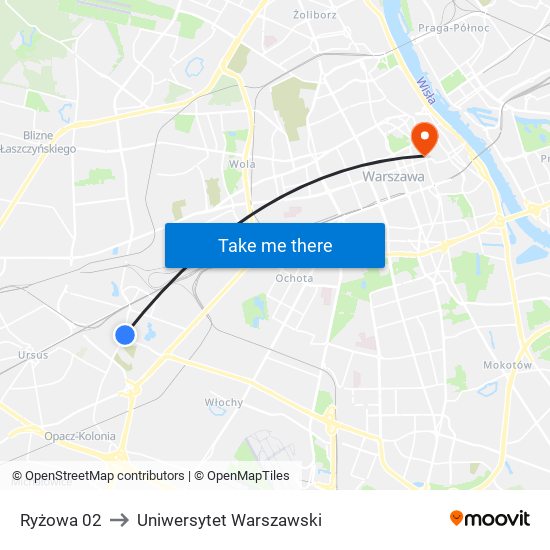 Ryżowa 02 to Uniwersytet Warszawski map