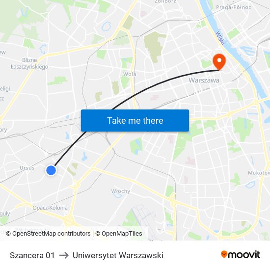 Szancera 01 to Uniwersytet Warszawski map