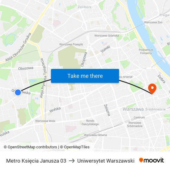 Metro Księcia Janusza to Uniwersytet Warszawski map