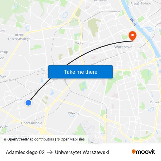 Adamieckiego 02 to Uniwersytet Warszawski map